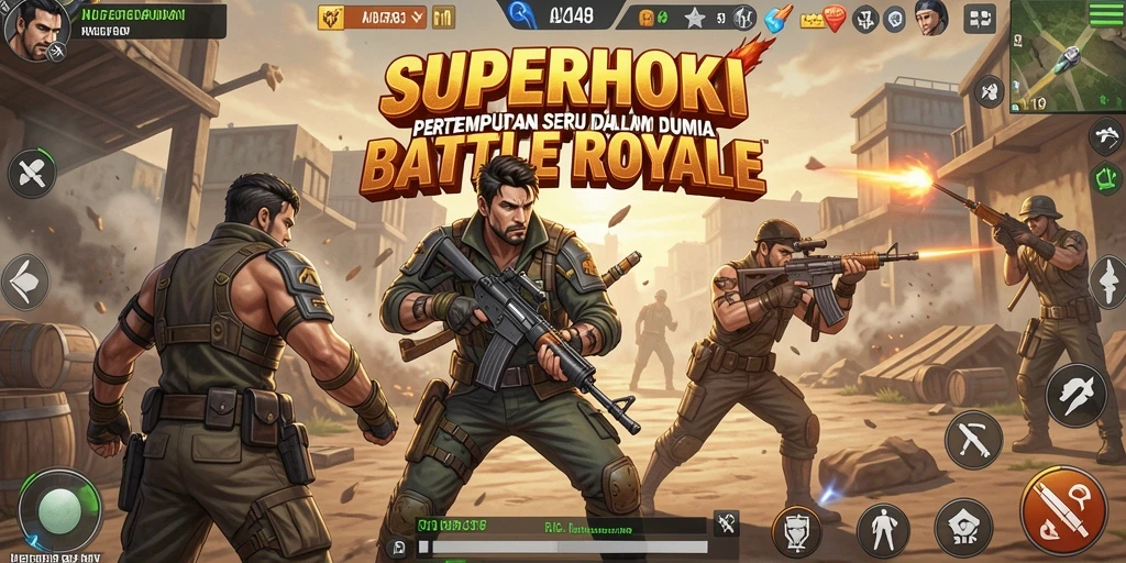 Screenshot gameplay SUPERHOKI menampilkan pertempuran intens dan aksi seru di medan perang.